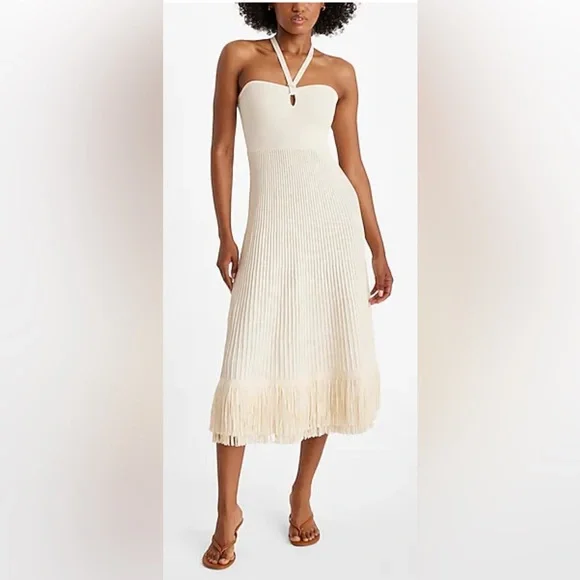 NWT Express Ribbed Halter Midi Dress w/ Fringe - Picture 2 of 9